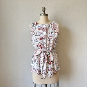 ANN TAYLOR Top White Floral Linen Blend Sleeveless Tie Waist NWT